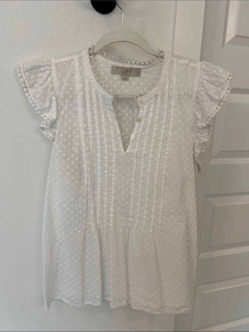 LOFT cotton White Swiss Dot Pintuck Henley blouse
